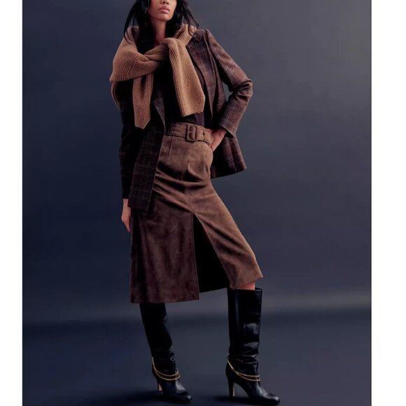 NWT Veronica Beard Alexie Belted Suede A-Line Skirt Mocha Camel Brown Quiet Lux - Picture 3 of 11